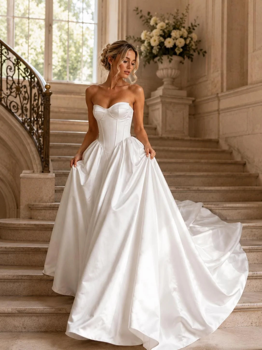 Ivory satin strapless sweetheart corset ball-gown with full pleated skirt and long train hem