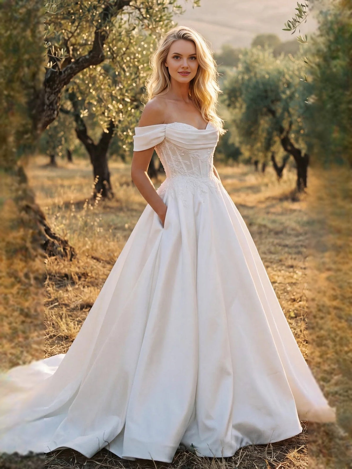 Ivory off-shoulder corset satin wedding dress with flowing A-line skirt