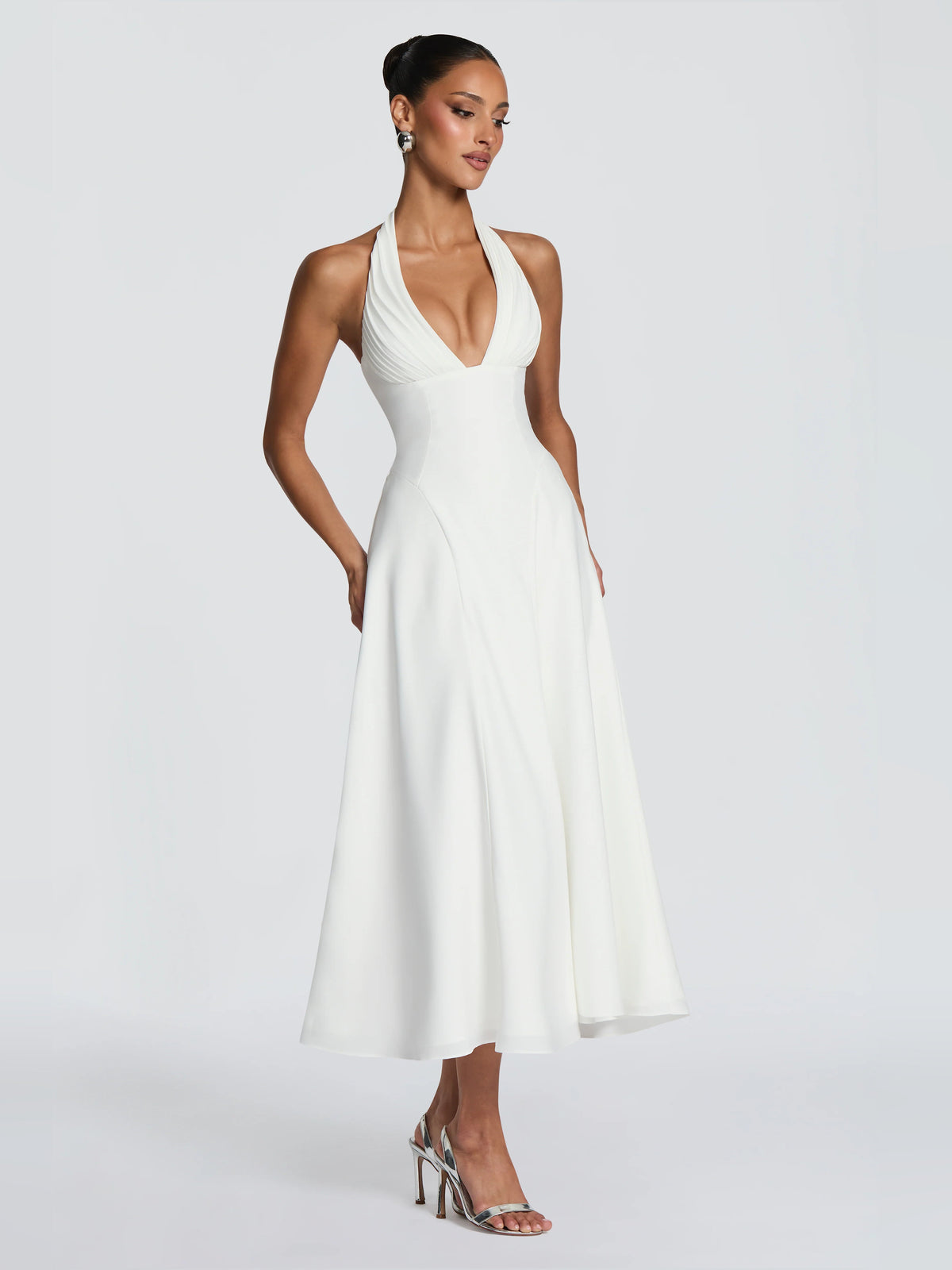 Ivory halter V-neck midi formal dress with draped halter straps and flared hem