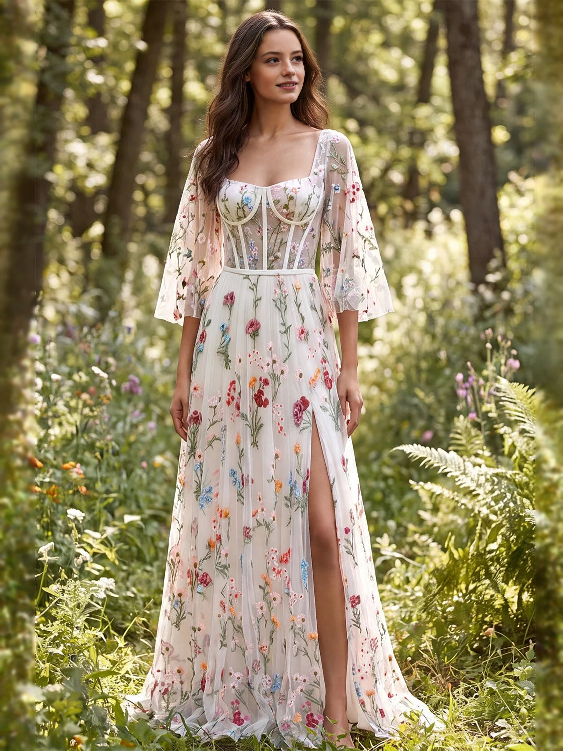 Ivory floral tulle maxi dress with corset bodice, square neckline, full-length skirt