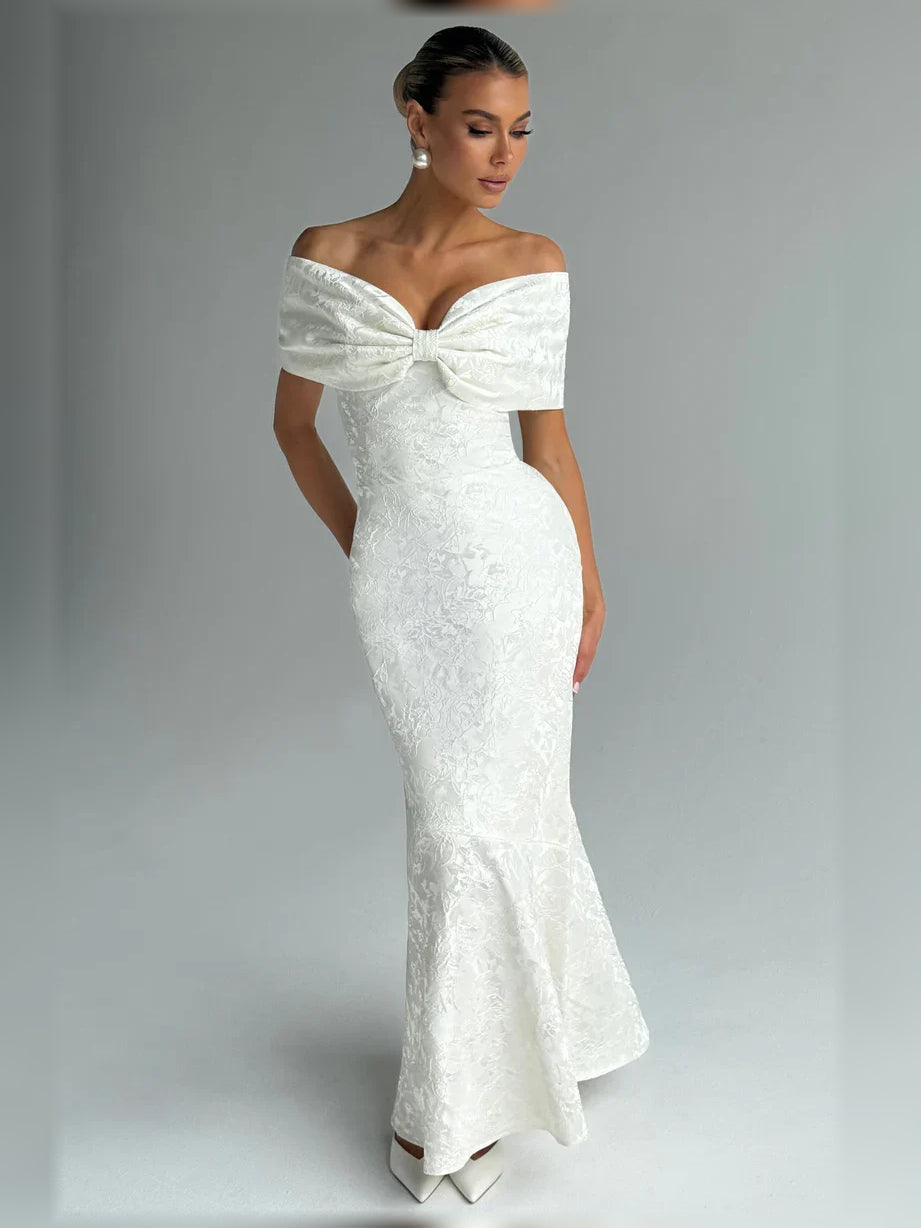 Ivory off-the-shoulder corset mermaid floor-length formal dress, side view