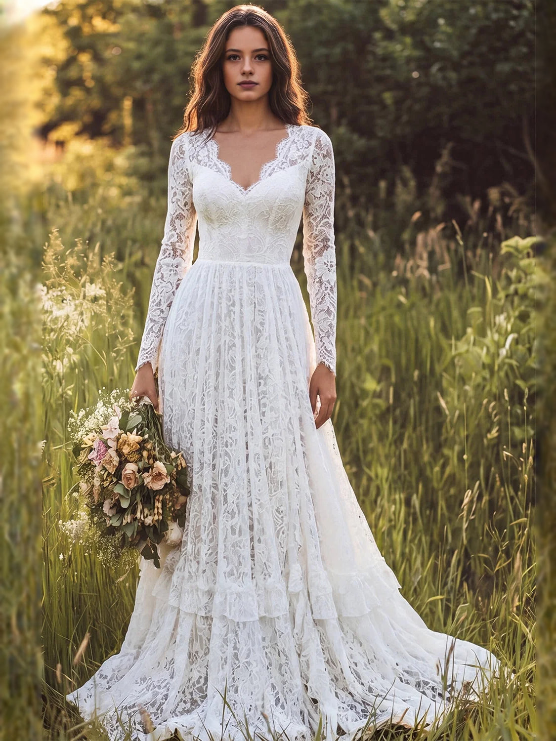 Ivory lace V-neck A-line wedding dress with long sleeves, tiered ruffle skirt, floor length
