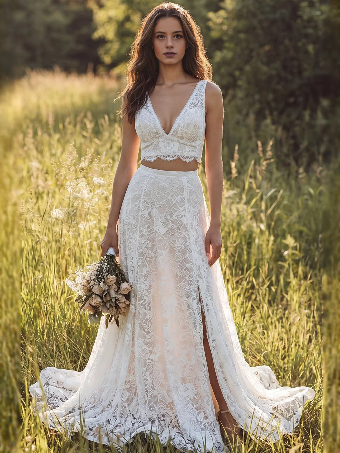 Ivory lace V-neck A-line wedding dress with slit and floor-length train