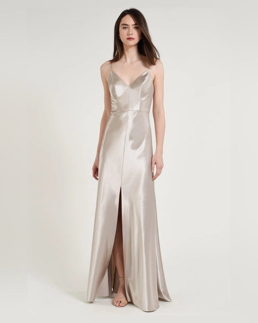 Ivory satin V-neck A-line formal dress with fitted bodice and front slit, floor-length.