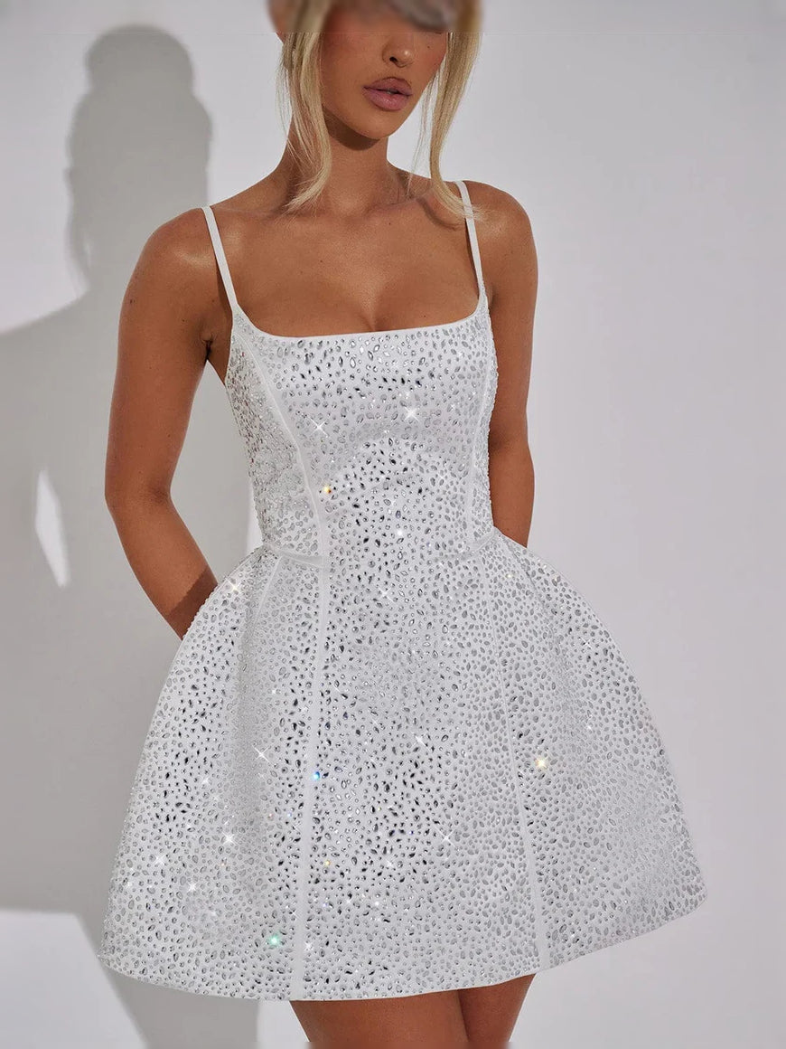 Ivory sequin mini formal dress with spaghetti straps and flared skirt