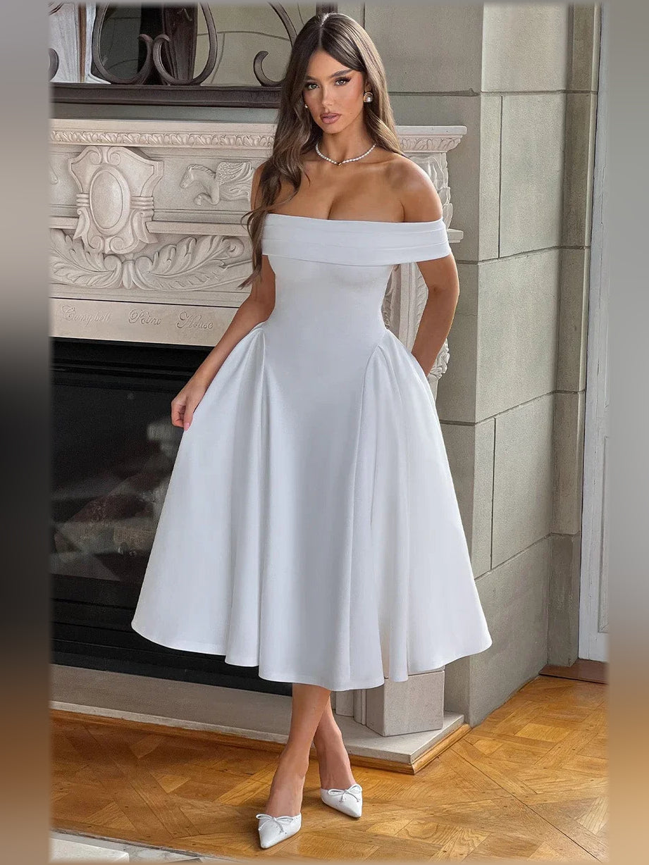 White off-shoulder A-line midi formal dress with fitted bodice and flared skirt
