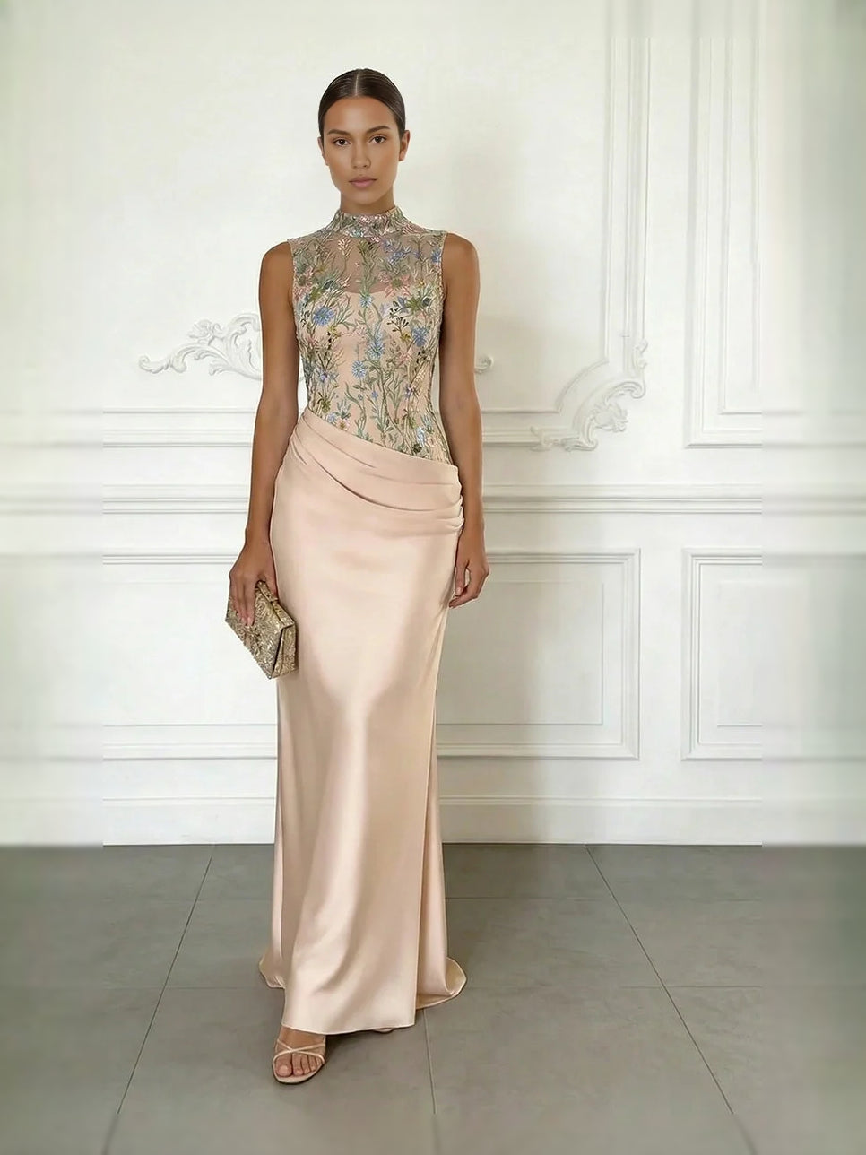 Champagne satin mermaid mother-of-the-bride dress with high neck floral embroidery