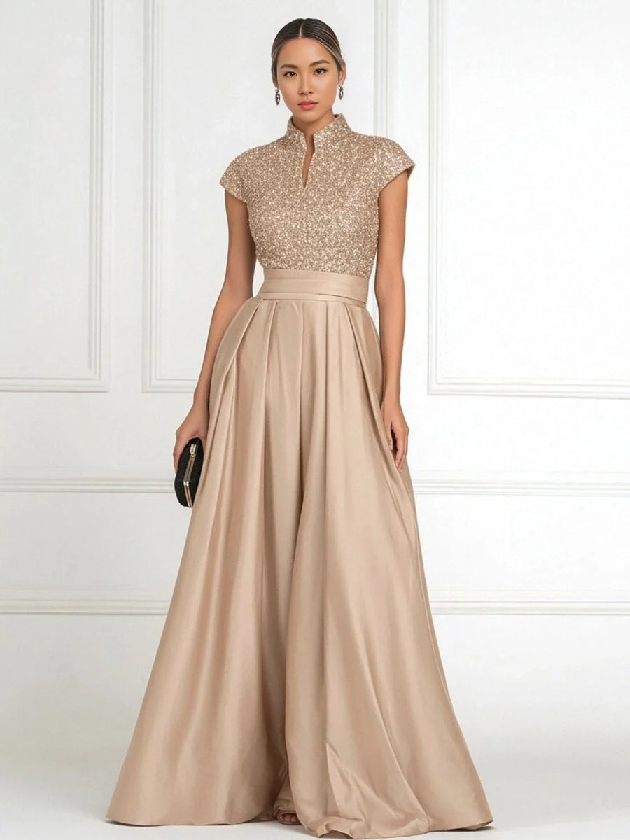 Dusty sage high-neck A-line sequin satin dress with pleated skirt and cap sleeves
