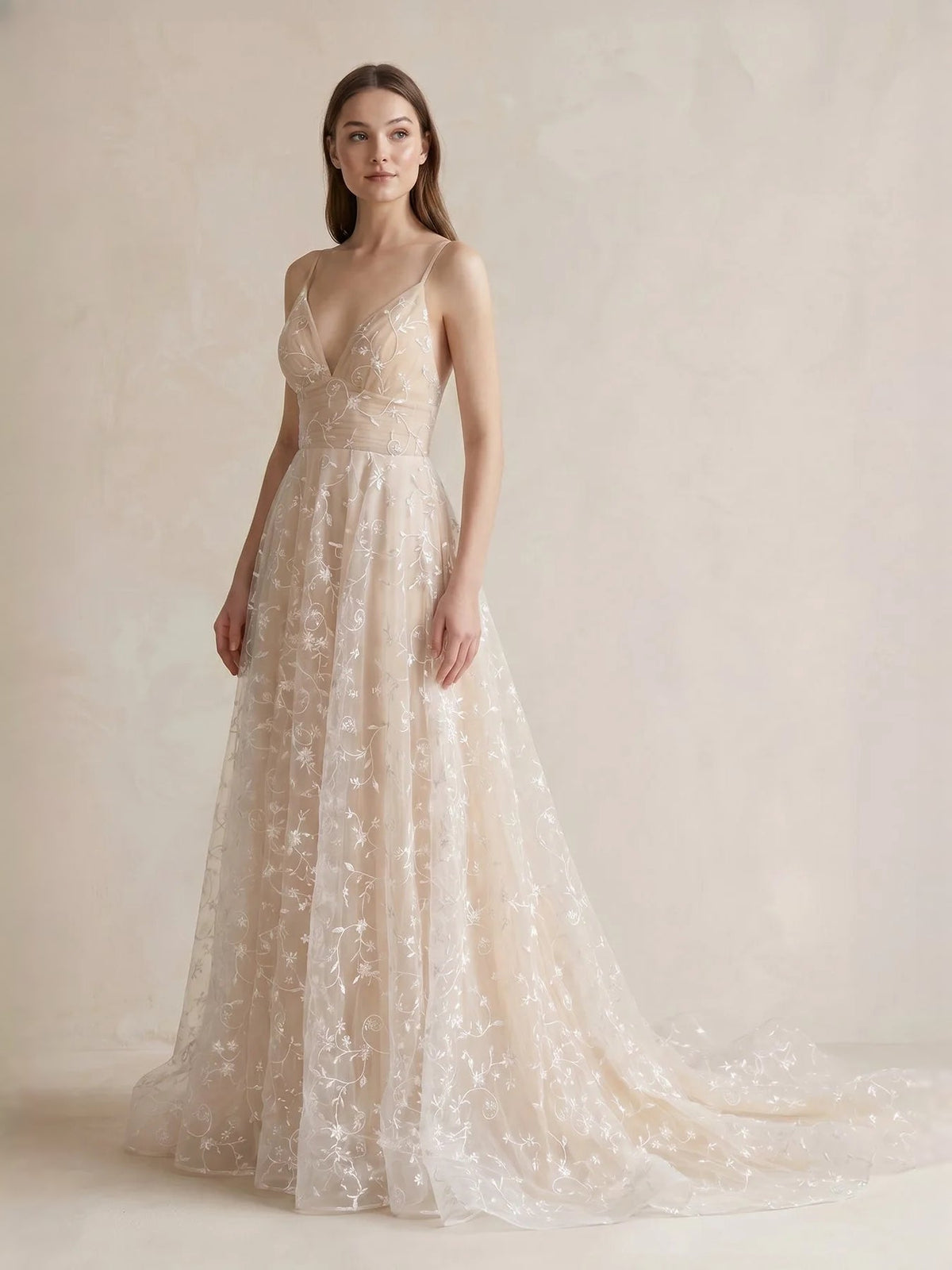 Champagne tulle V-neck A-line floor-length dress with ruched bodice and floral texture