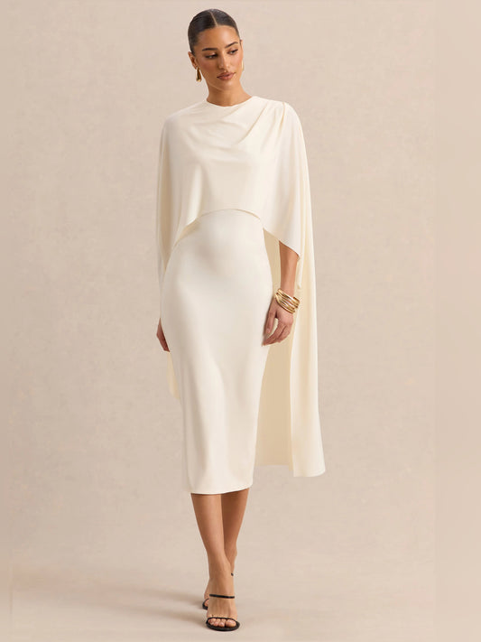 Cream midi formal dress front view with round neckline, fitted body, and flowing cape sleeves