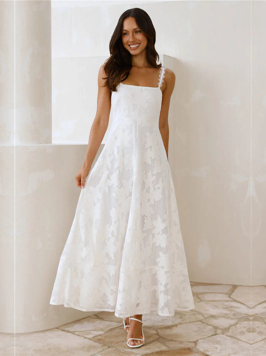 Ivory square-neck A-line maxi formal dress with lace bodice, thin straps, and flared hem