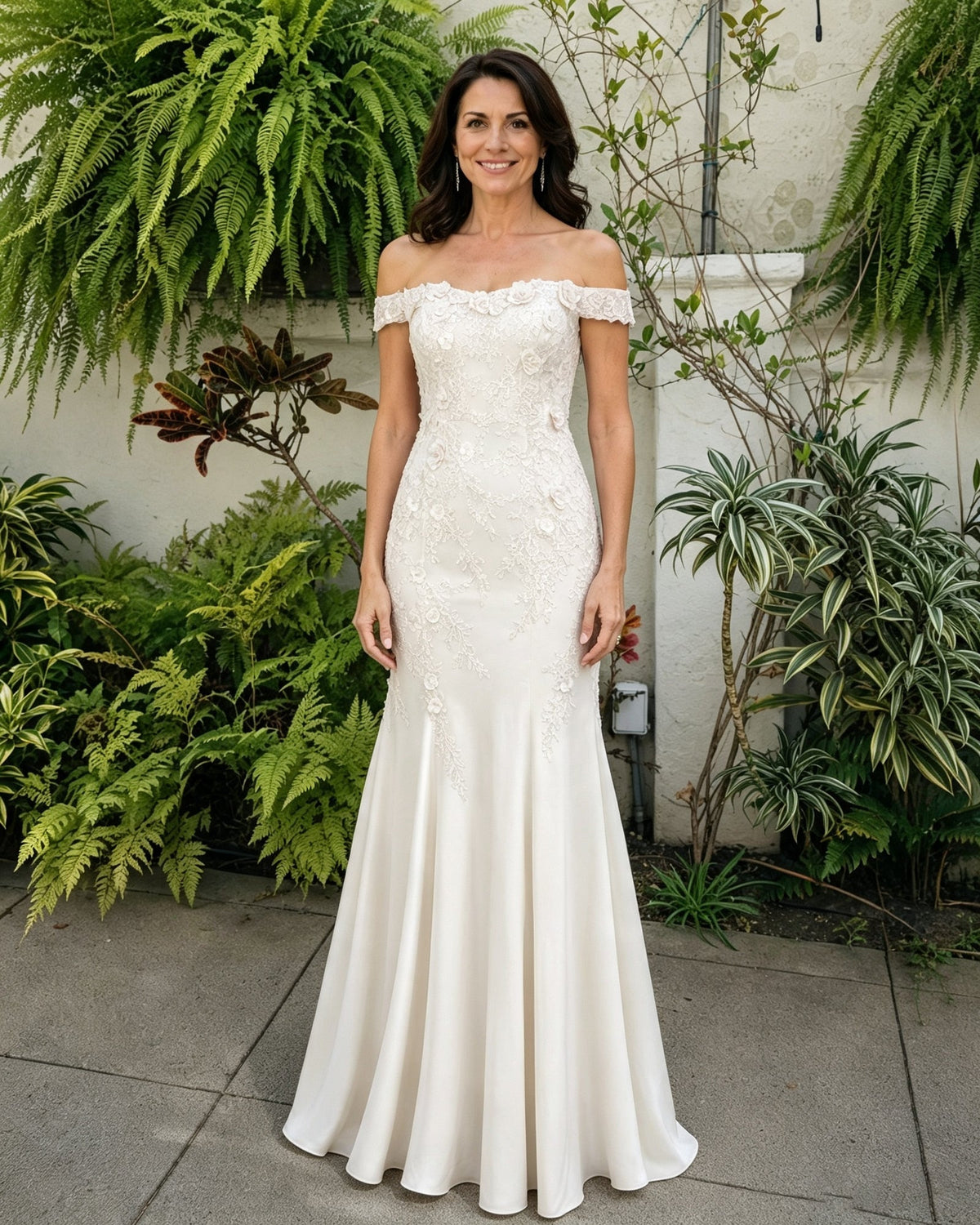 Cream off-shoulder lace mermaid mother-of-the-bride dress with scalloped neckline