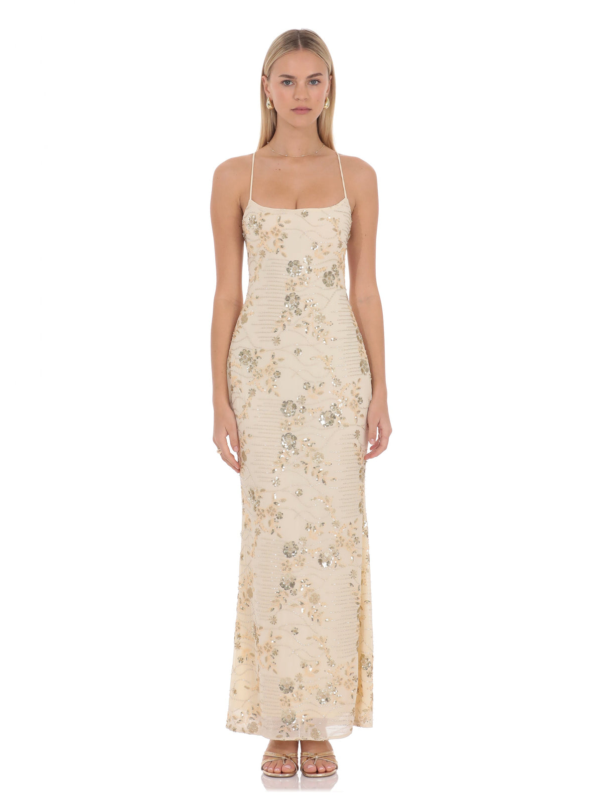 Cream A-line maxi dress with spaghetti straps and shimmering floral sequin embroidery