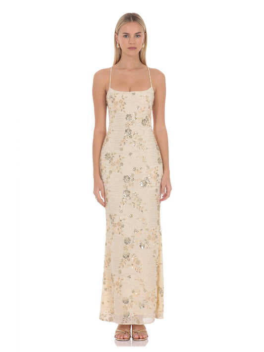 Cream A-line maxi dress with spaghetti straps and shimmering floral sequin embroidery