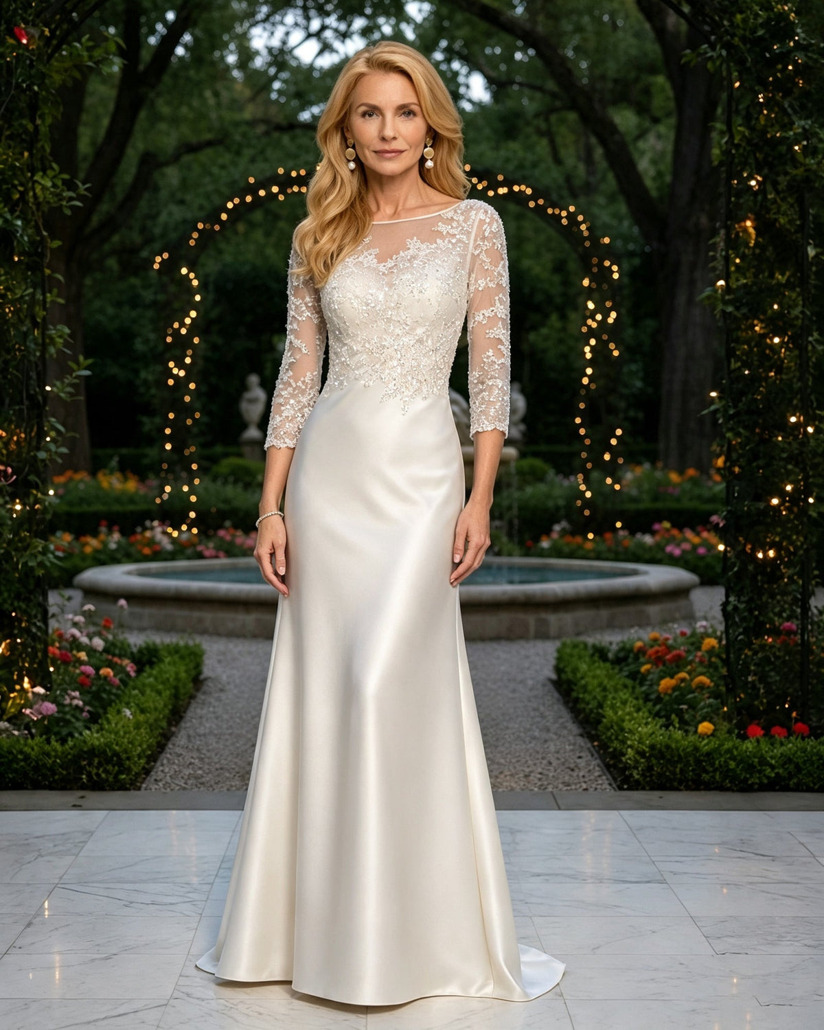 Cream satin mother of the bride dress with beaded lace illusion bodice and 3/4 sleeves