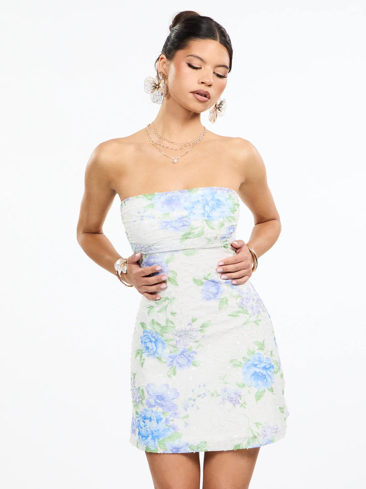 Floral strapless A-line mini dress with sweetheart neckline and flared skirt