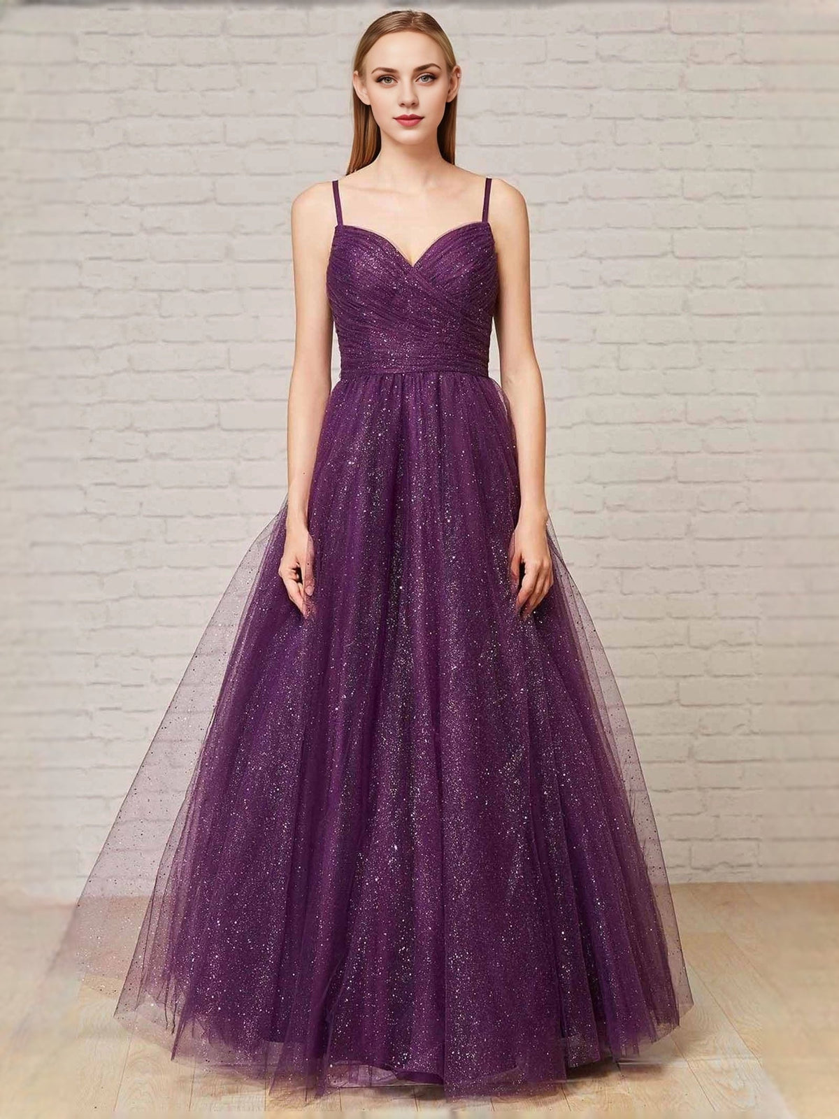 Deep purple glitter prom dress with sweetheart neckline and A-line tulle skirt
