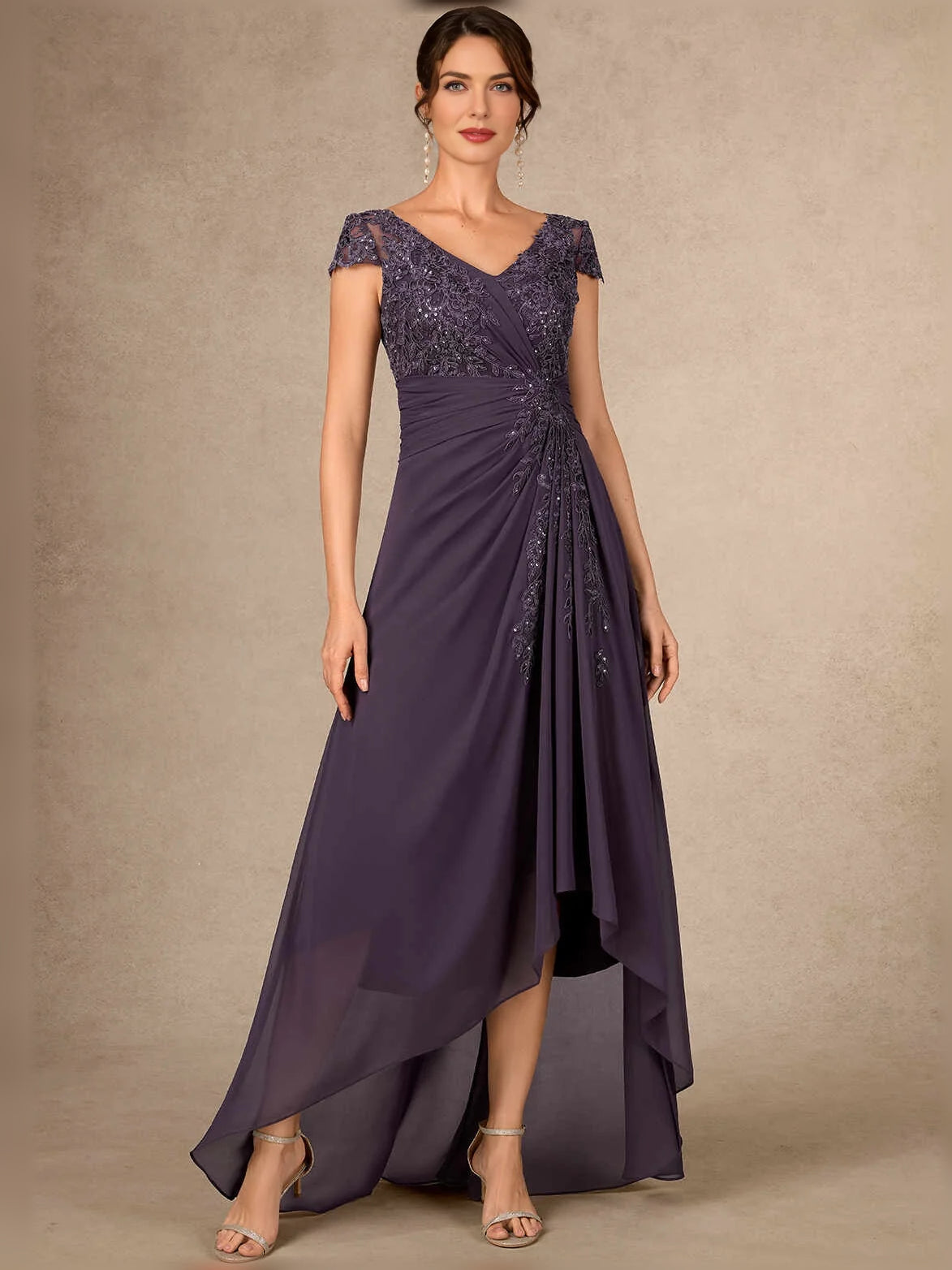 Dark purple ruched V-neck sequin floral chiffon high-low A-line mother-of-bride dress