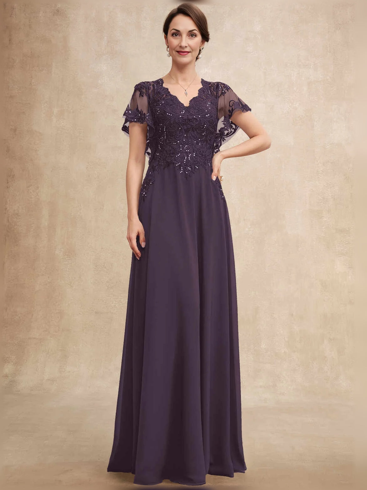 Deep purple V-neck A-line chiffon dress with beaded lace details and sheer cap sleeves