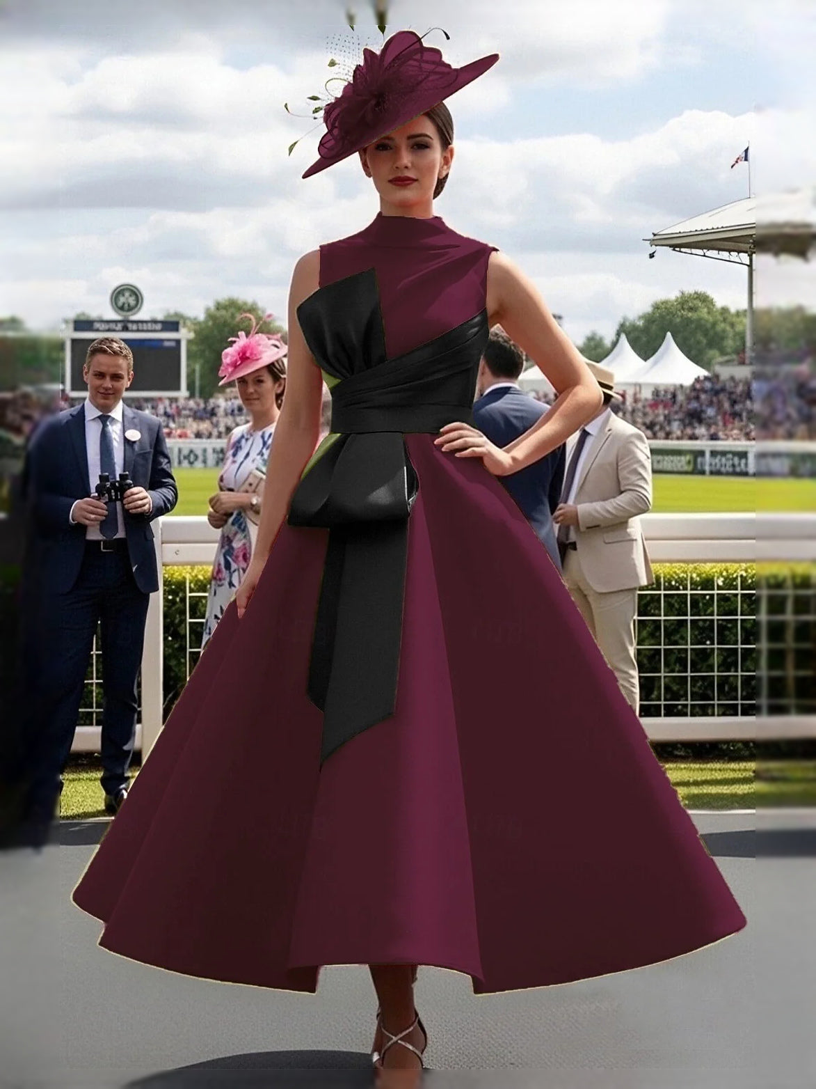 Deep purple satin high-neck A-line midi prom dress with black waist sash and bow
