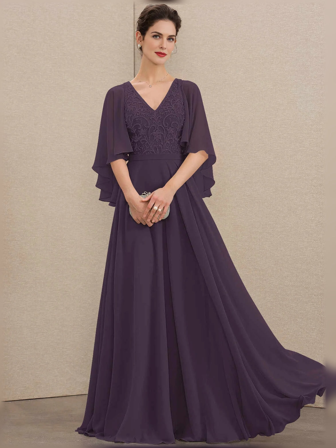 Embroidered V-neck A-line chiffon mother-of-the-bride dress in deep purple, front view