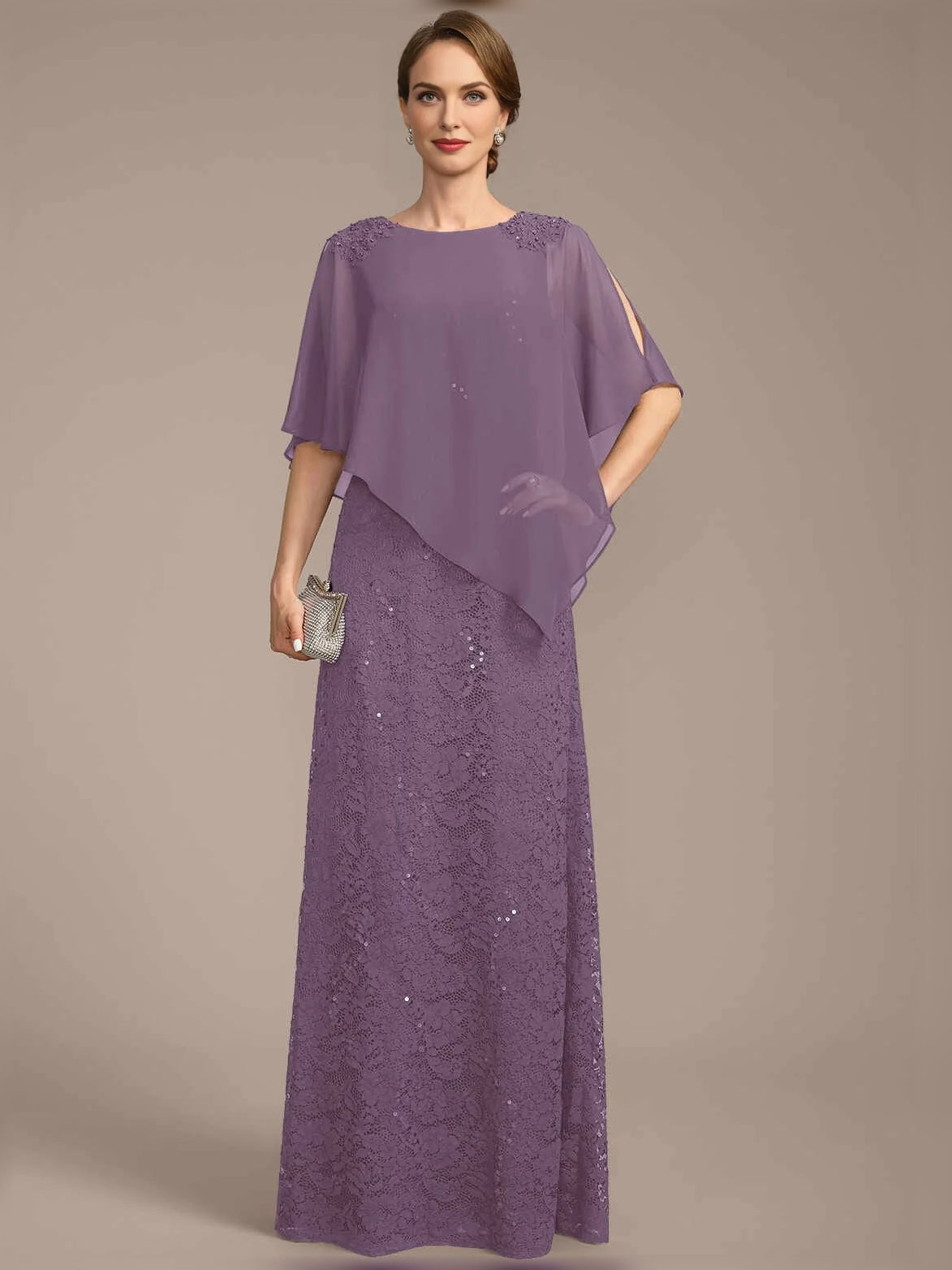 Purple sequin sheath dress with chiffon cape overlay, bateau neckline, floor-length