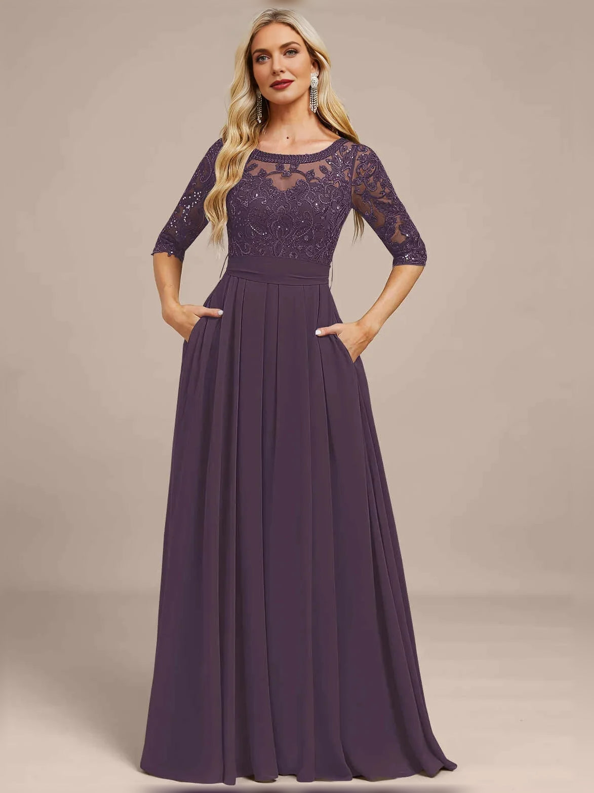 Deep purple A-line chiffon dress with lace bodice and pleated floor-length skirt