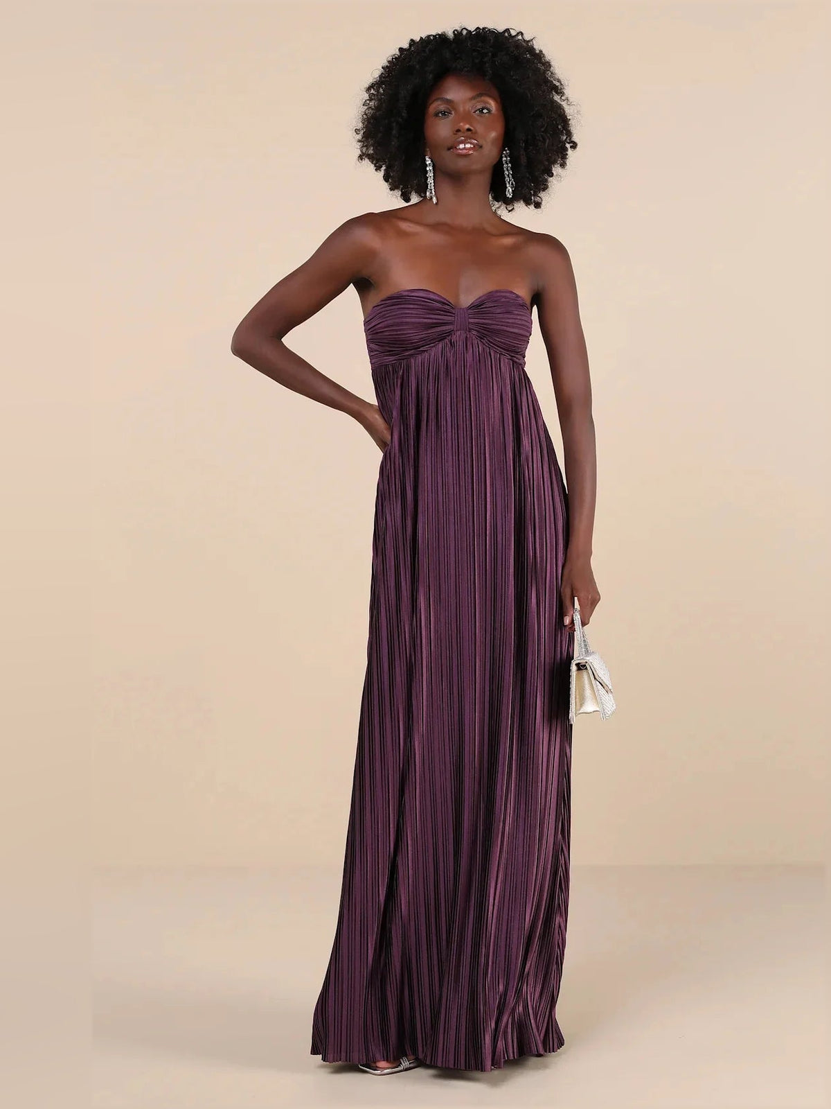Purple satin strapless bridesmaid dress, ruched sweetheart bodice, pleated maxi column