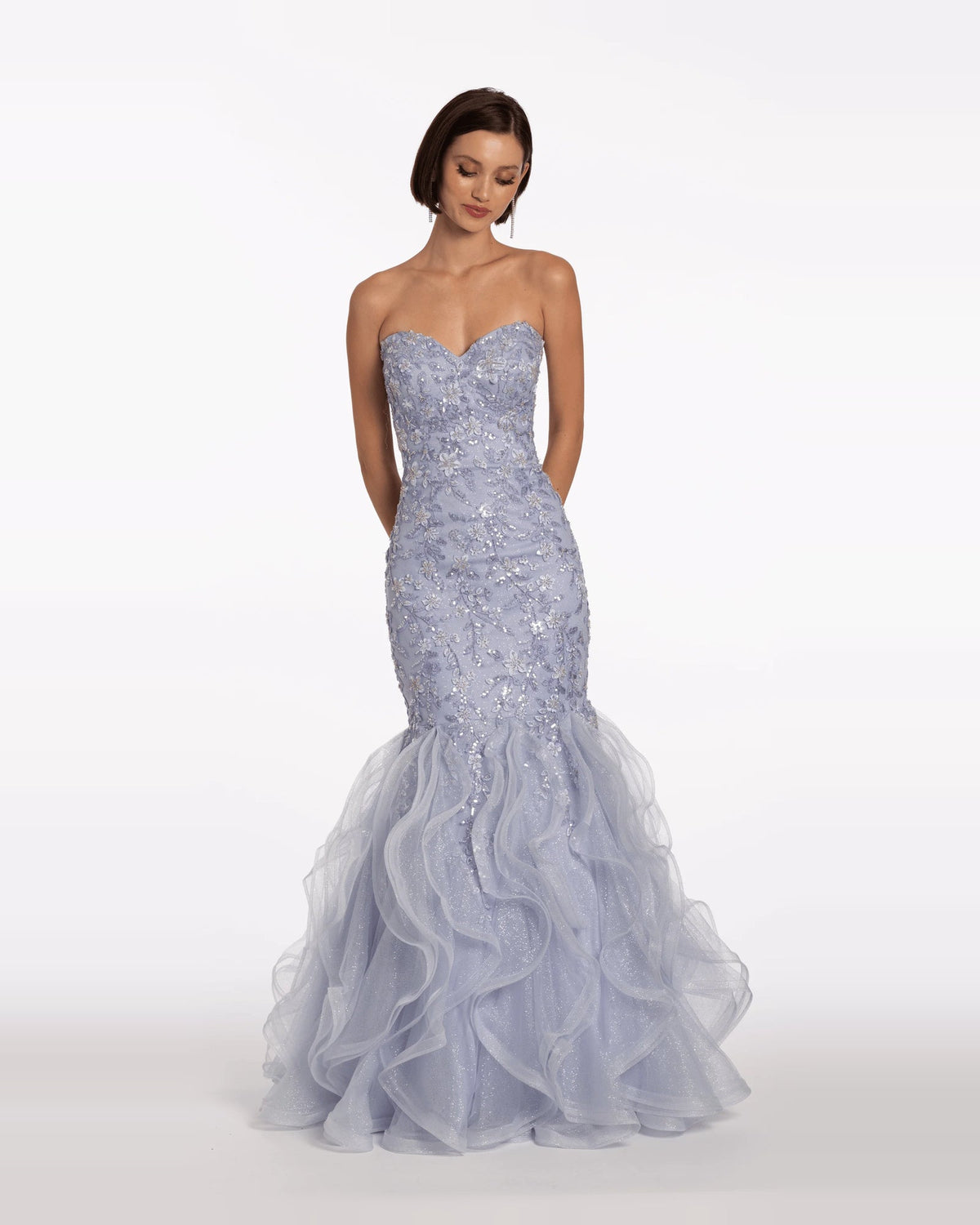 Strapless sweetheart mermaid maxi prom dress, light purple, beaded bodice with layered tulle ruffle skirt