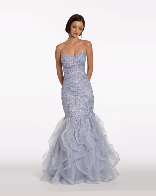 Strapless sweetheart mermaid maxi prom dress, light purple, beaded bodice with layered tulle ruffle skirt