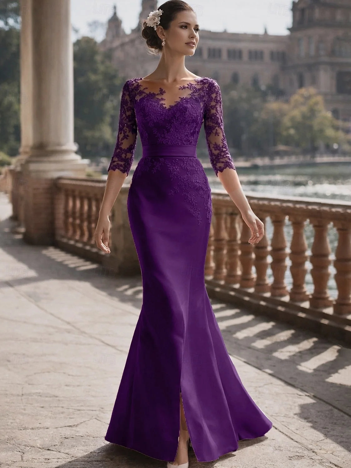 Purple mermaid satin evening dress with V-neck, sheer floral lace sleeves, front slit