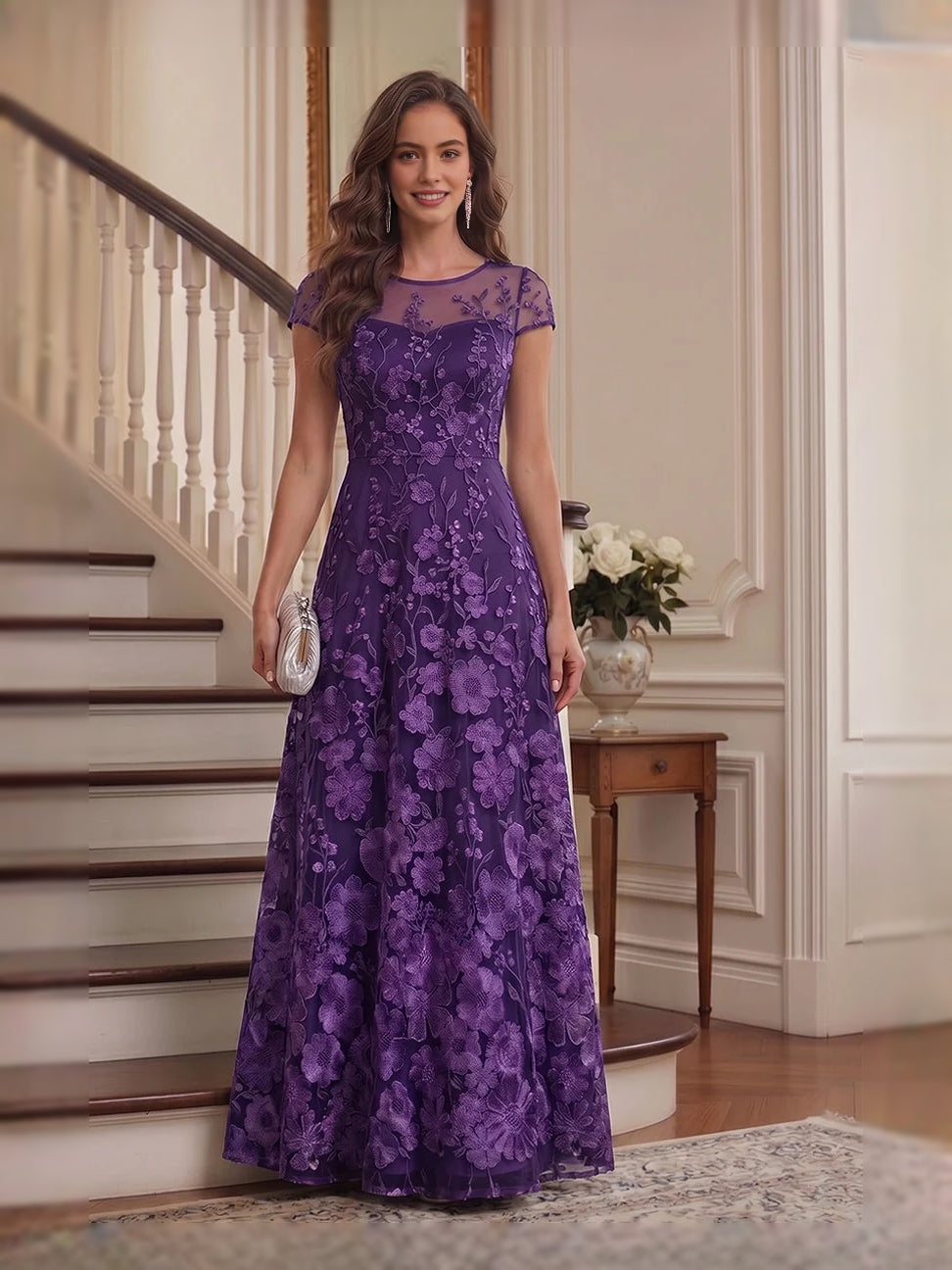Purple floral embroidered cap-sleeve A-line tulle gown, floor-length