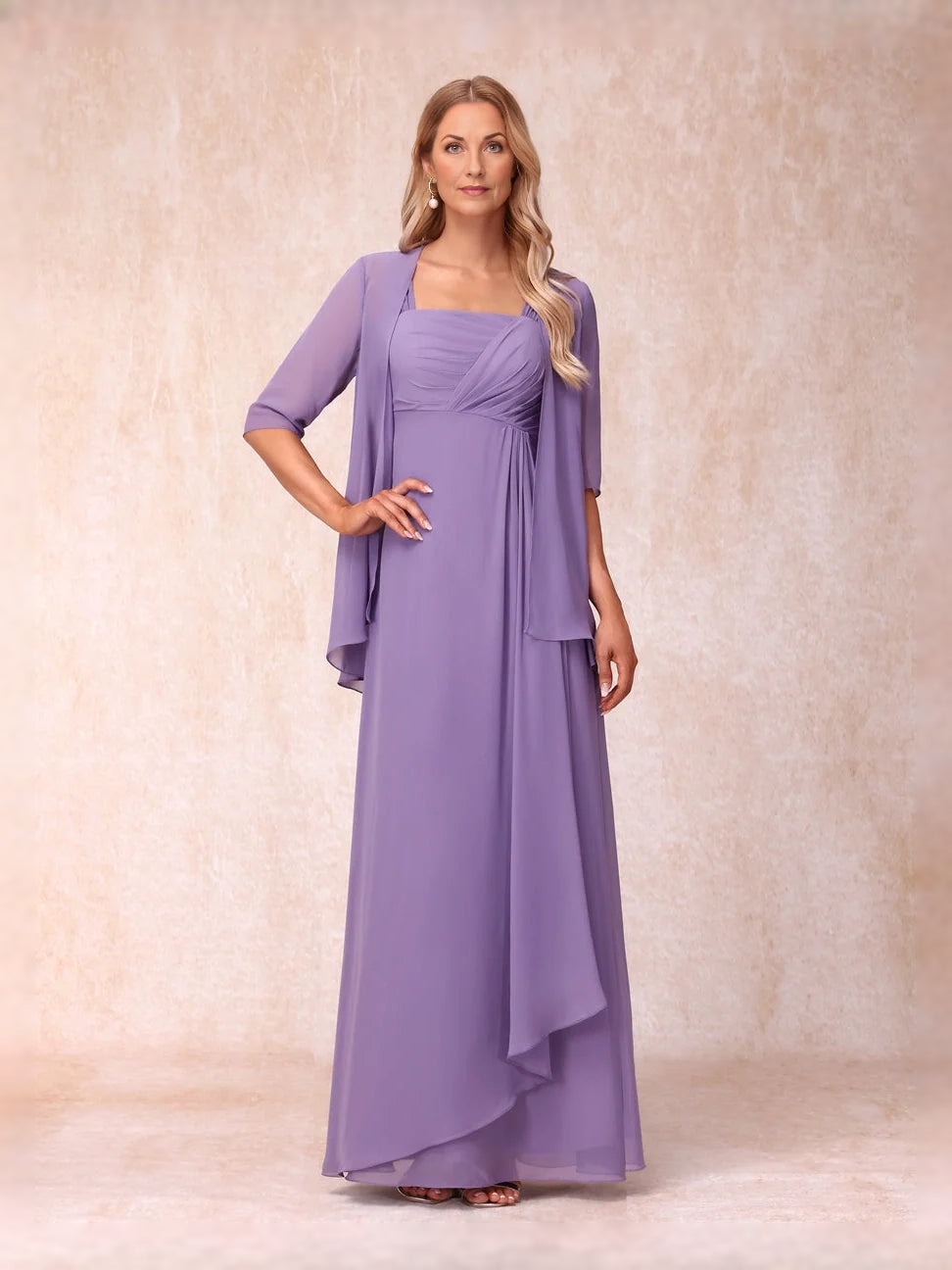 Lavender chiffon mother-of-the-bride dress with square neckline and ruched, layered A-line skirt.
