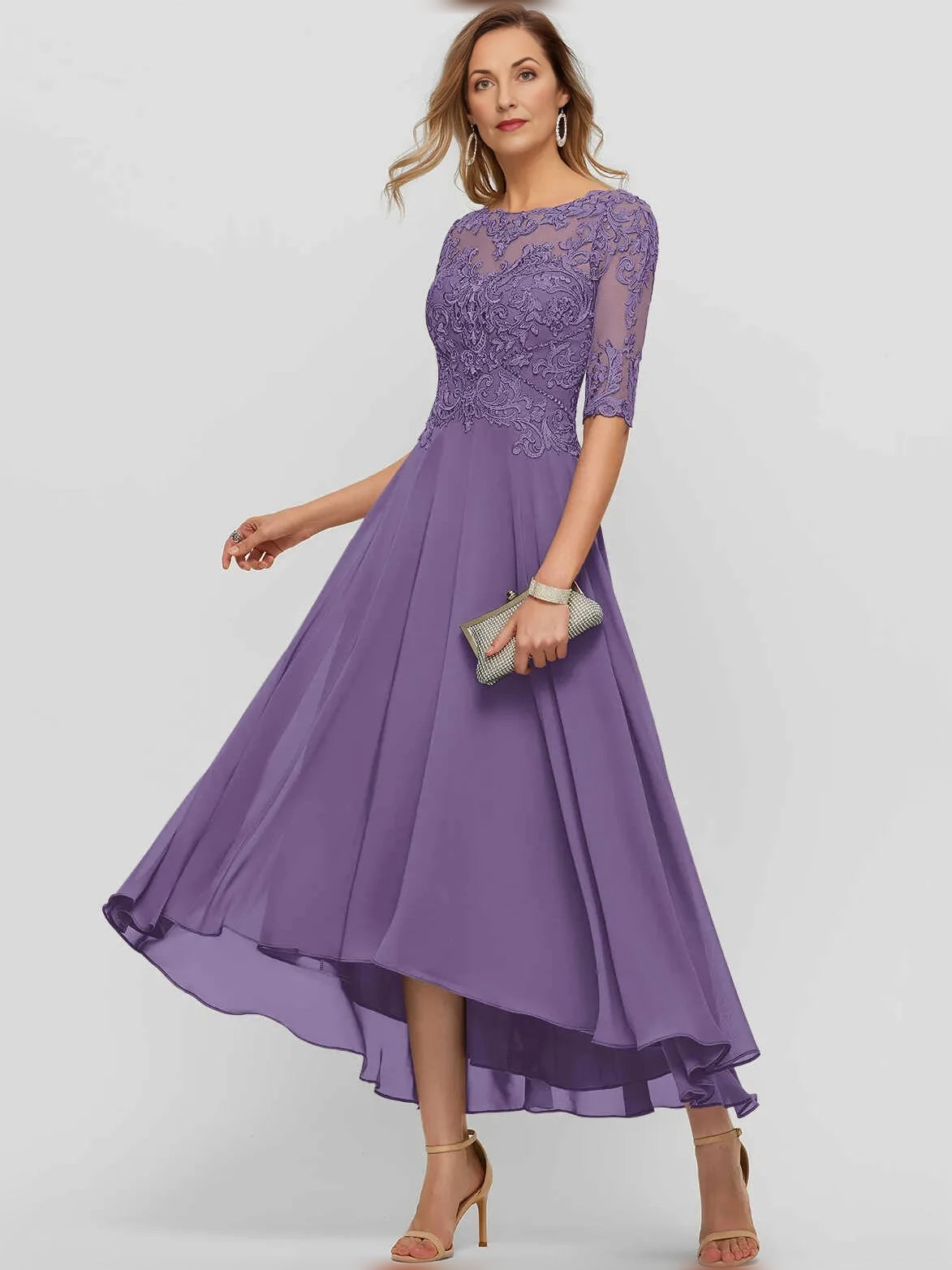 Purple A-line midi chiffon dress with embroidered lace overlay and illusion neckline