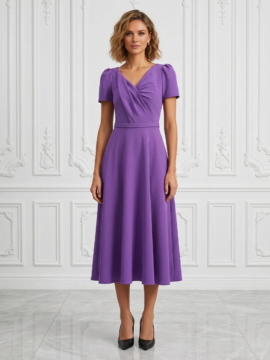 Purple draped V-neck midi A-line crepe dress with gathered ruched bodice