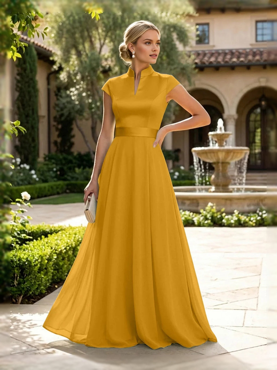 Mustard yellow sleeveless high-neck A-line satin mother-of-the-bride dress, floor length