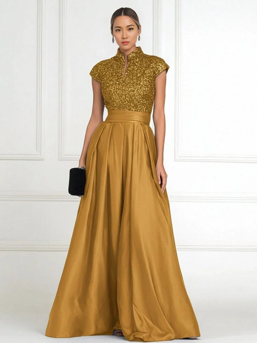 Champagne gold high-neck A-line sequin satin dress with pleated skirt and cap sleeves