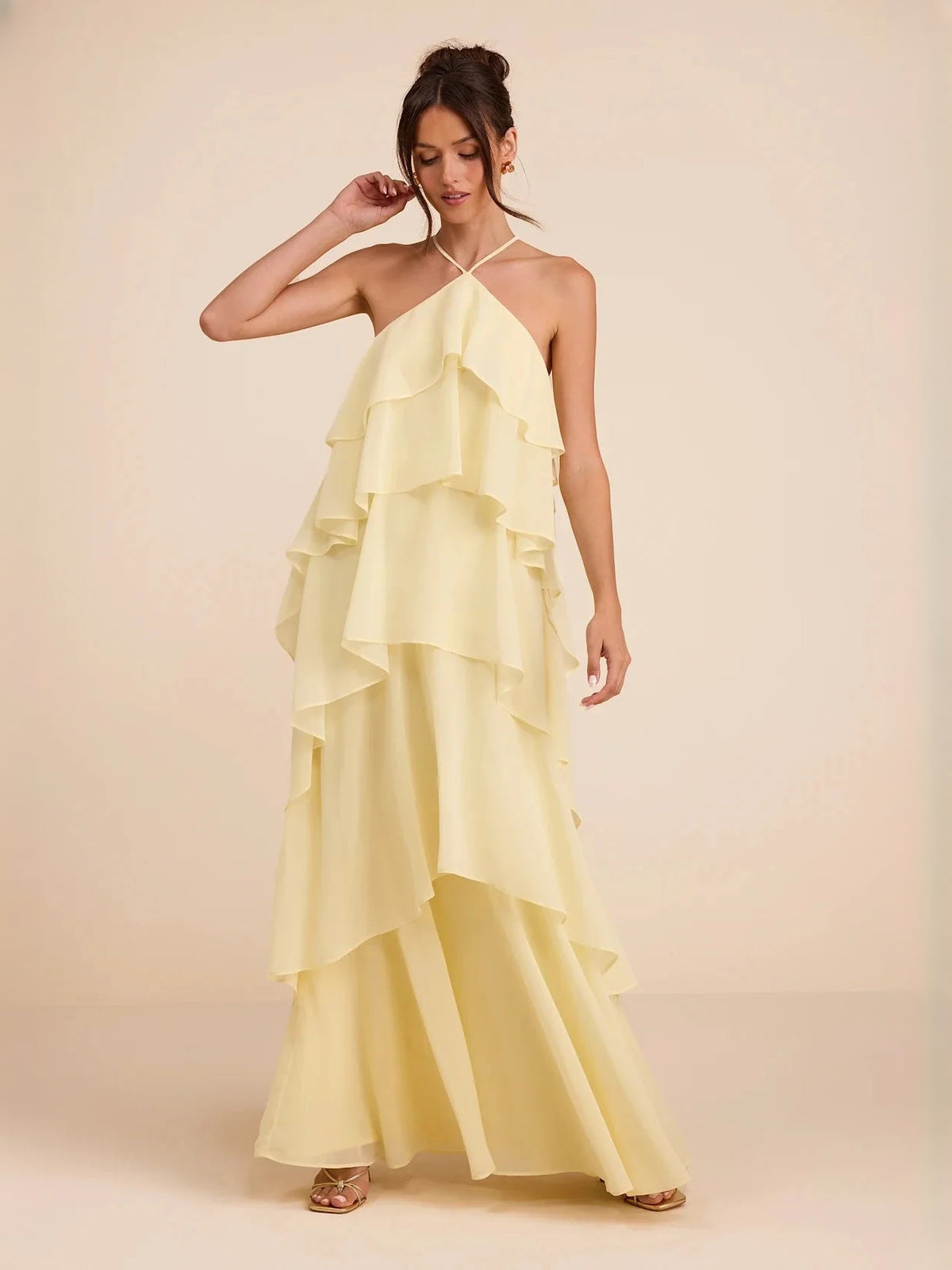 Pale lemon tiered ruffle V-neck A-line maxi chiffon dress with flowing layered skirt