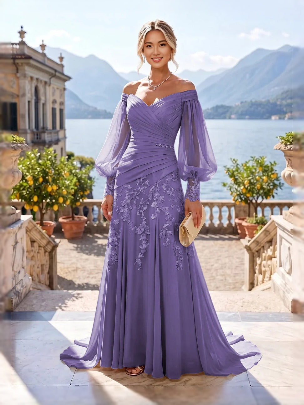 Lavender ruched off-shoulder mermaid gown with floral lace and sheer sleeves