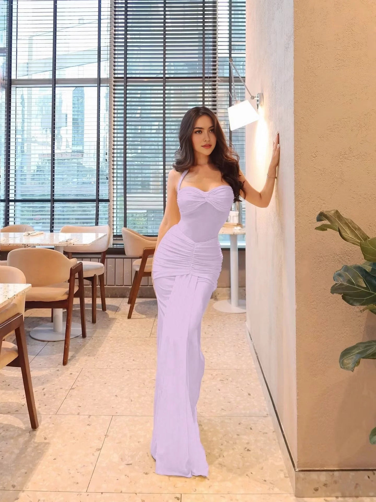 Light lavender ruched sweetheart neckline draped sheath prom dress, floor-length
