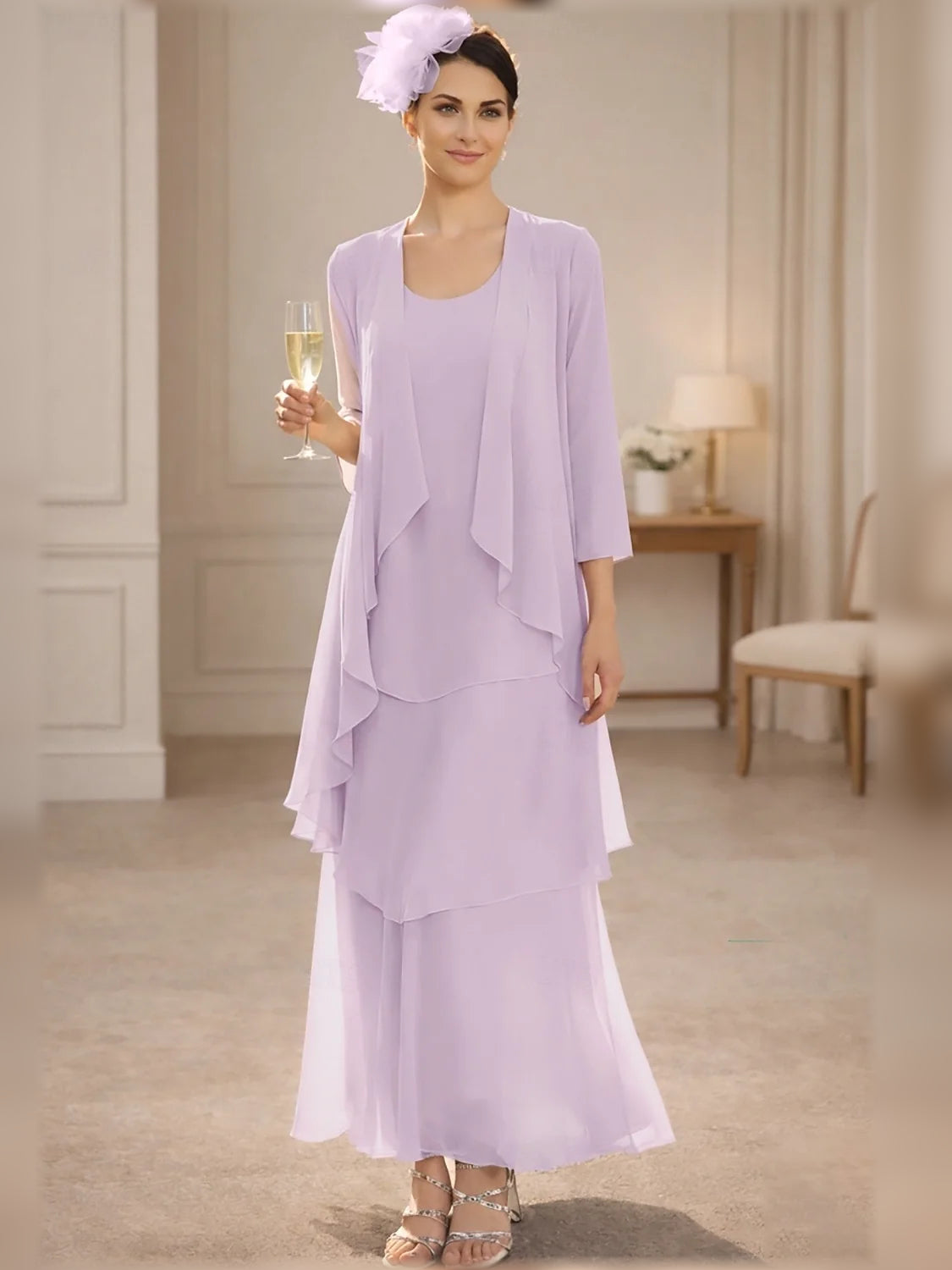 Lilac tiered chiffon A-line maxi dress with scoop neck and layered ruffle tiers, 3/4 sleeves