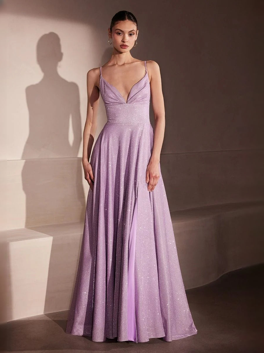Lavender glitter V-neck A-line prom dress with thin straps and full pleated skirt