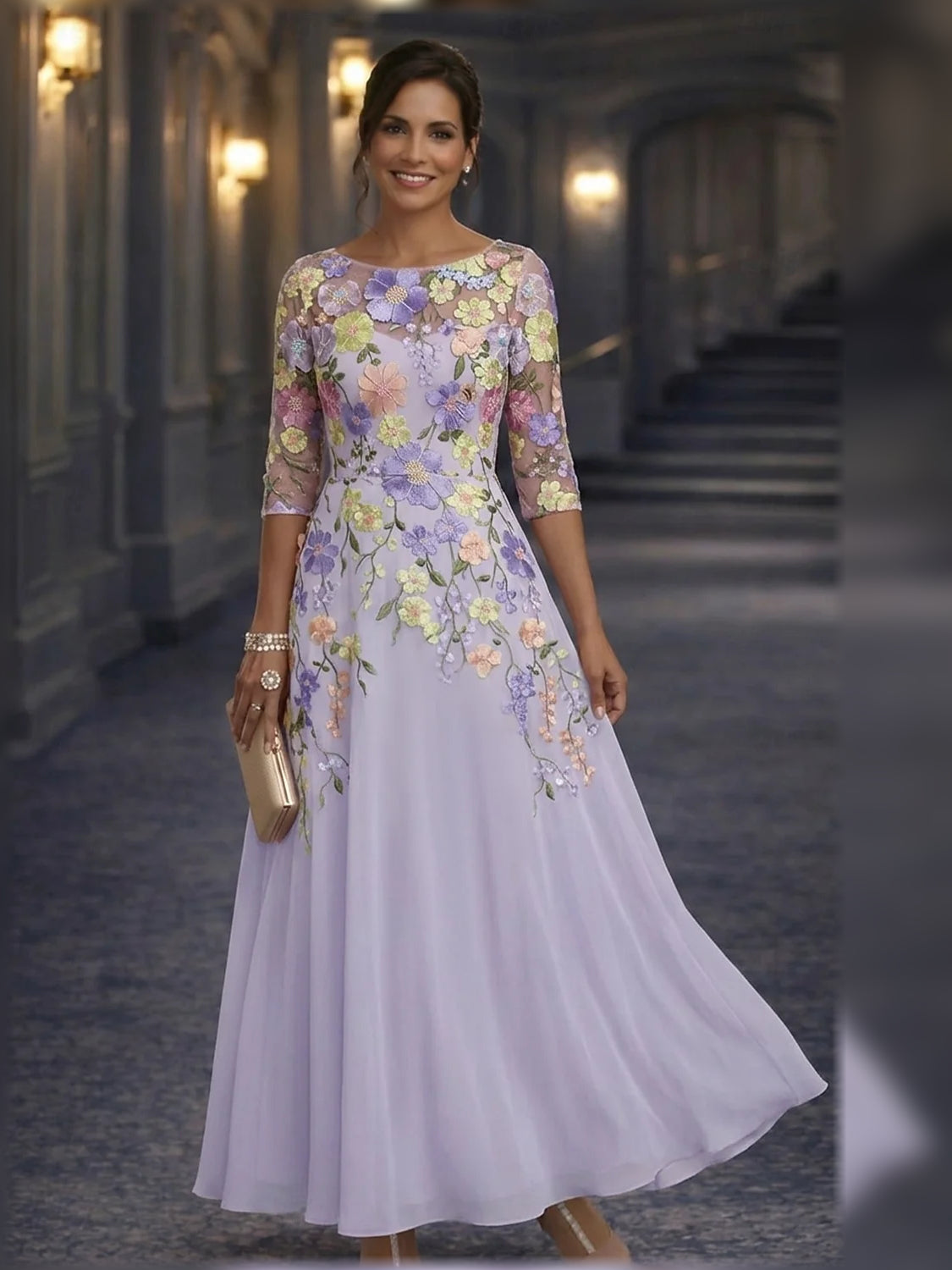 Lavender floral embroidered A-line maxi chiffon dress, 3/4 sleeves, long skirt
