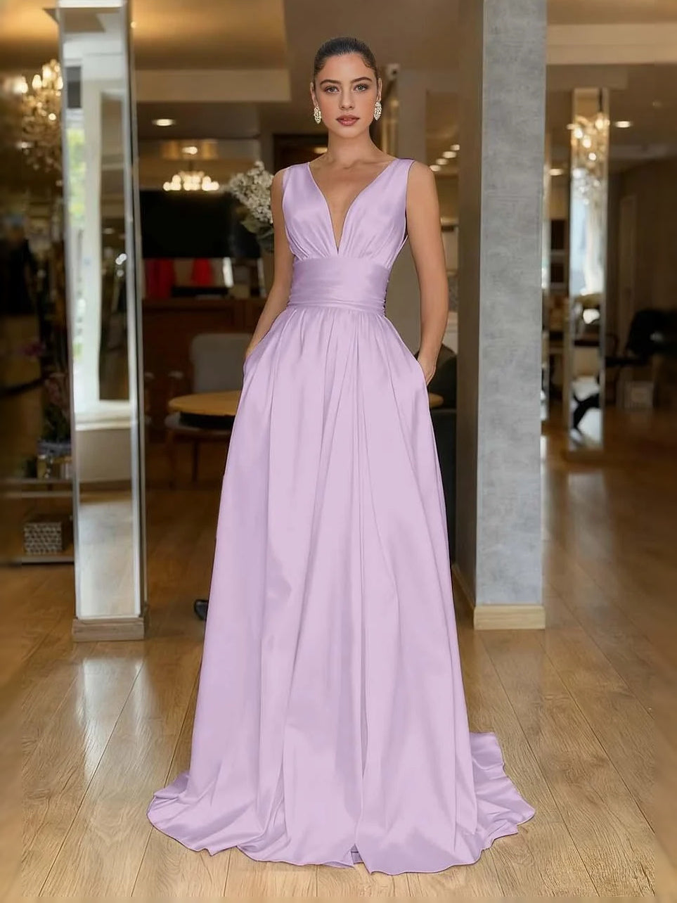 Lavender V-neck A-line prom dress with ruched bodice and pleated floor-length skirt