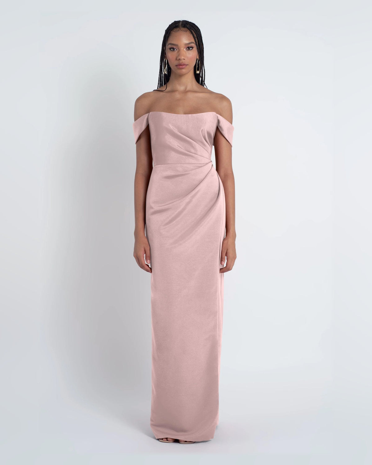 Light pink off-shoulder A-line formal dress, floor-length, straight front view