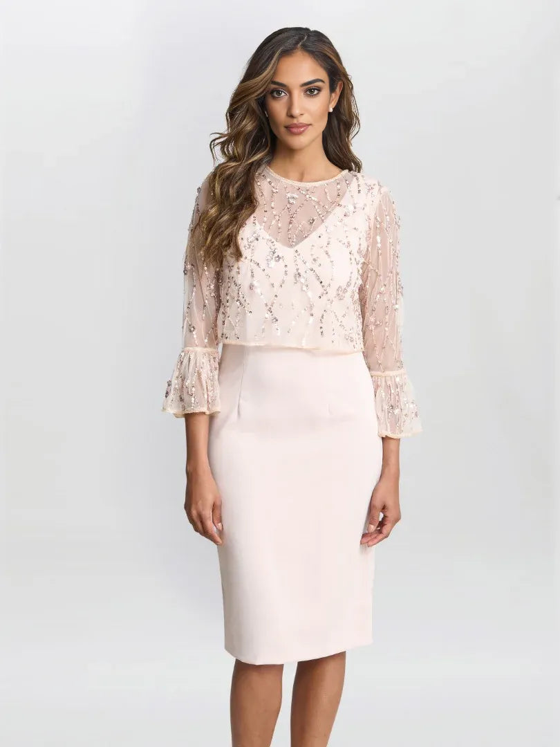 Light pink sheath dress with round neck and beaded sheer sleeves, knee length, full view