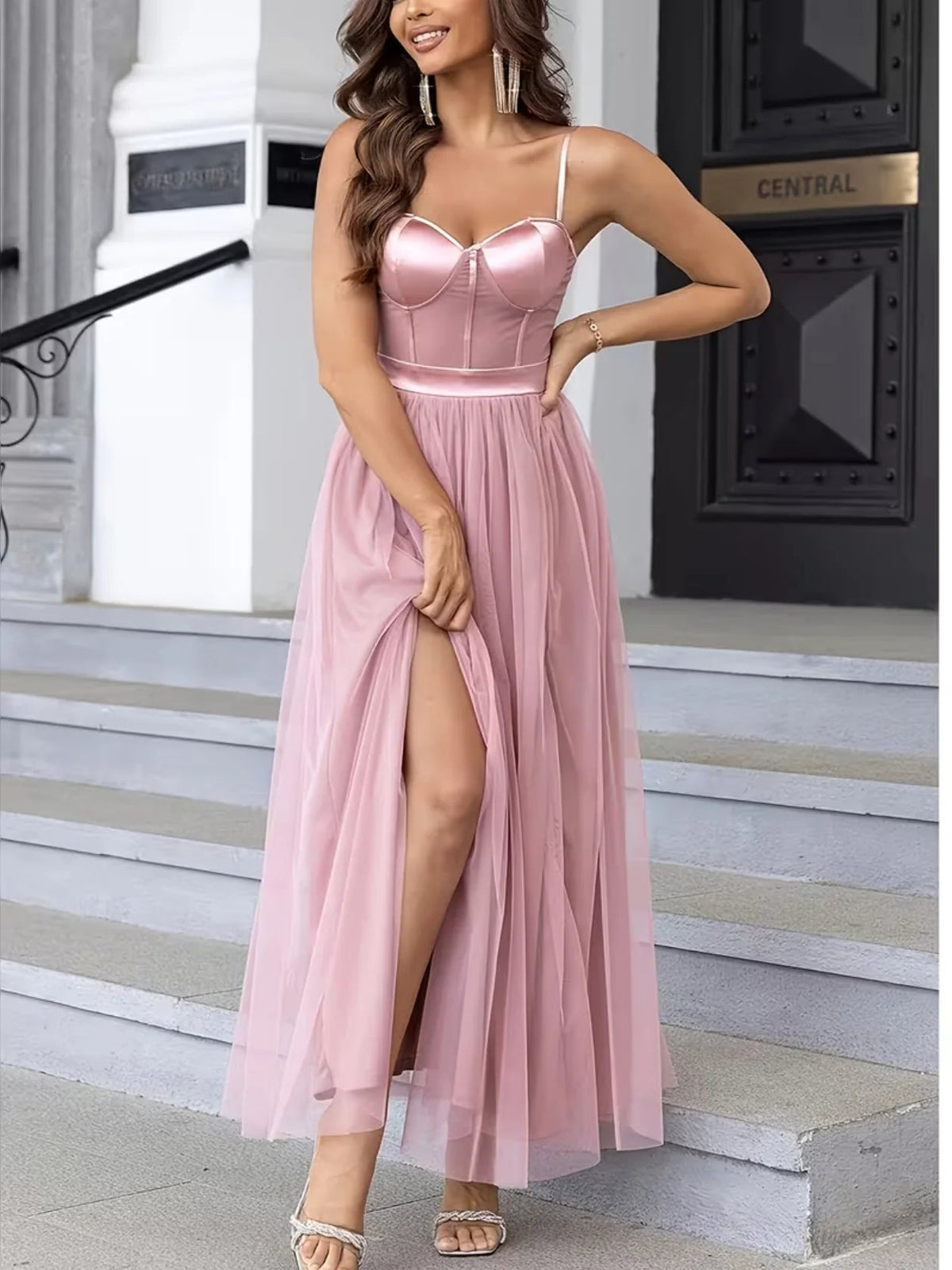 Light pink A-line maxi prom dress with sweetheart bodice and side slit
