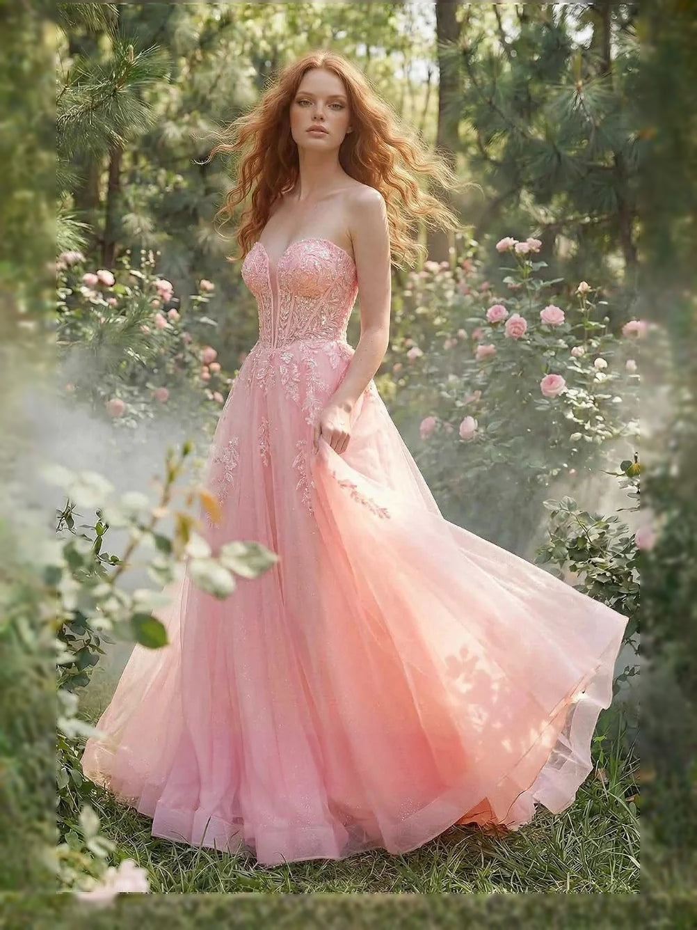 Light pink sequin sweetheart corset A-line tulle prom dress with full skirt, floor-length