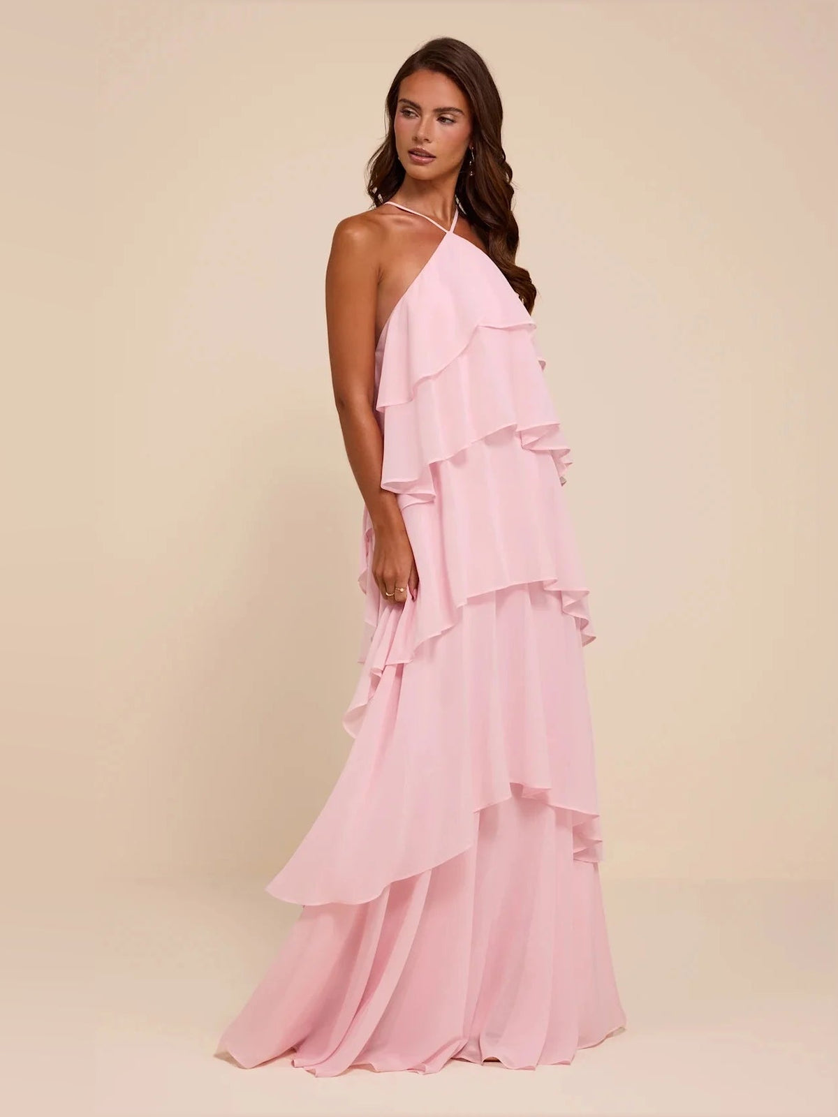 Light pink chiffon maxi dress, tiered ruffle A-line with V-neck and draped straps
