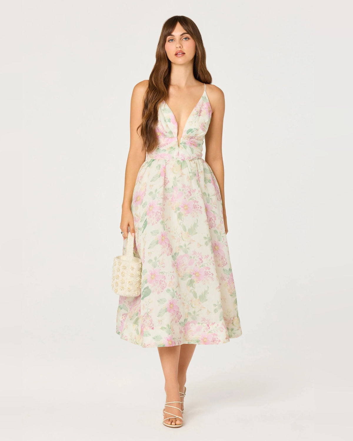 Light floral spaghetti-strap A-line midi dress with V-neck, gathered waist and full skirt